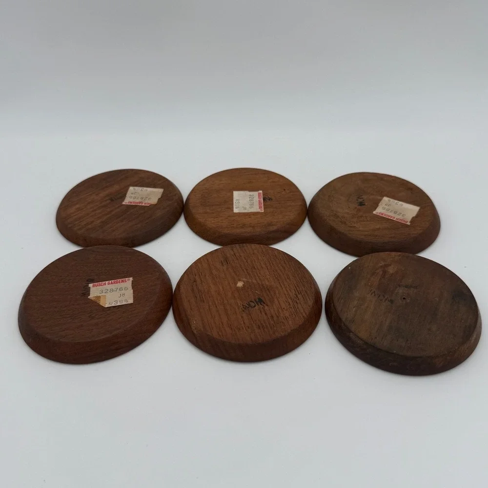 Vintage Busch Gardens Hand-Carved‎ Bone Inlay Wood Coaster Set - 6 Floral